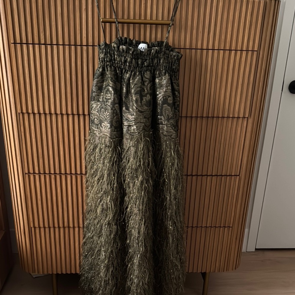 Ganni Feather-Embellished Jacquard Midi Dress In Olive Green